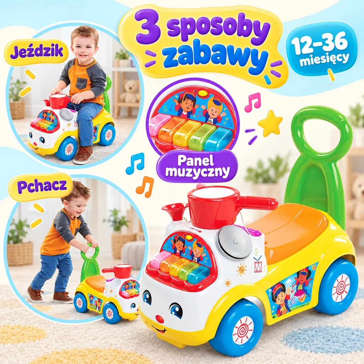 Fisher-Price Muzyczna Parada 522084 – jeździk, pchacz i panel muzyczny dla dzieci 12–36 miesięcy