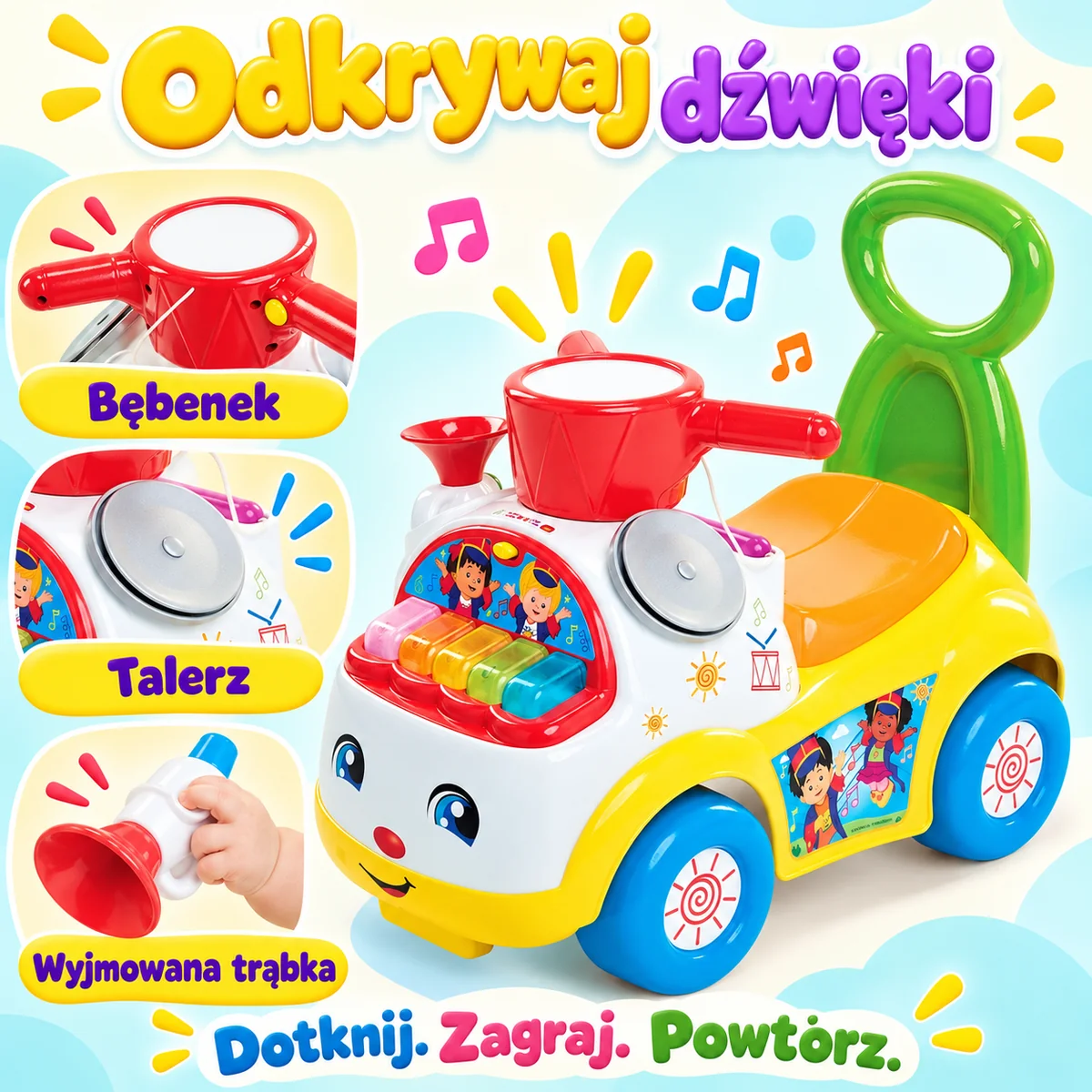 Instrumenty jeździka Fisher-Price – bębenek, talerz i wyjmowana trąbka