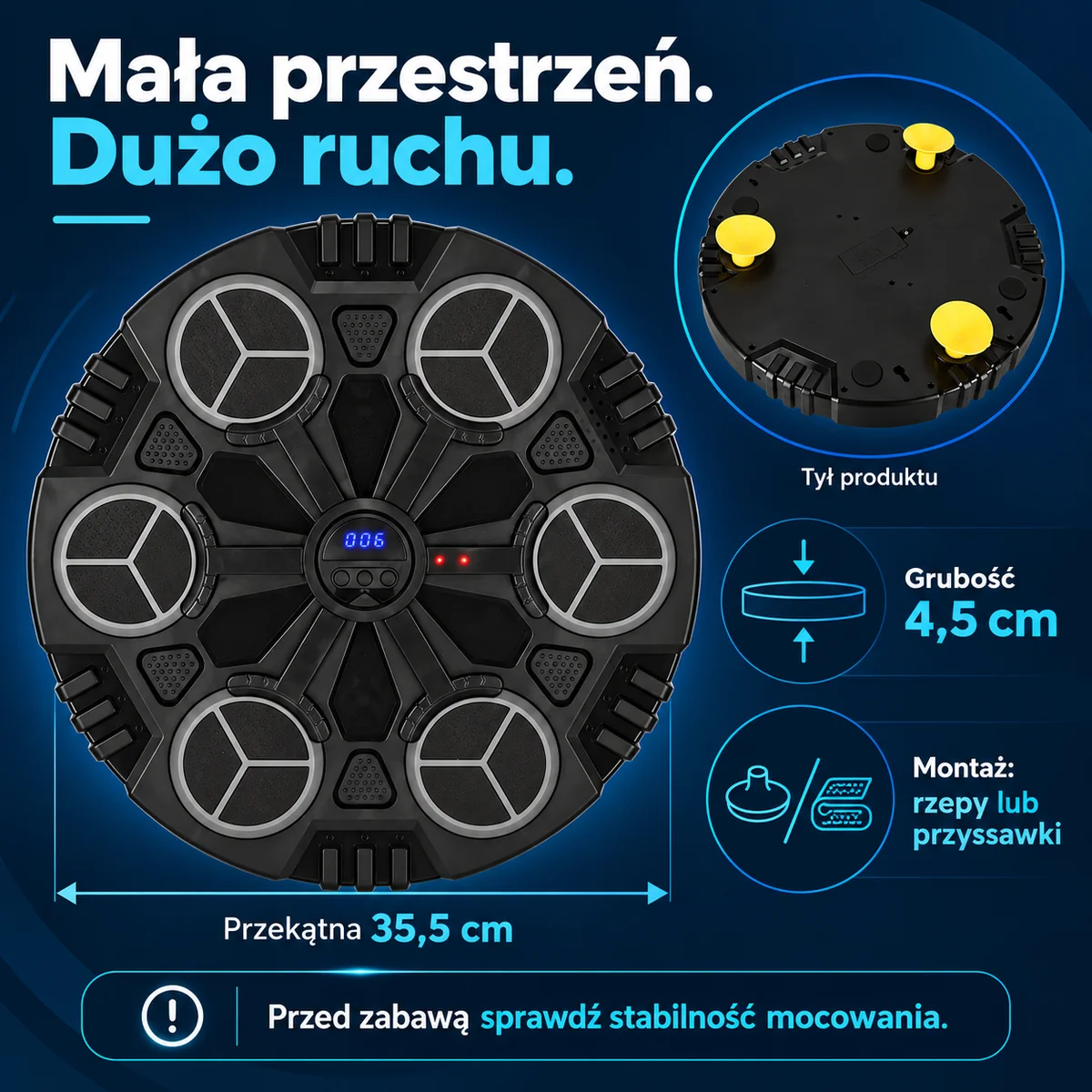 Wymiary tarczy 35,5 cm i elementy mocowania