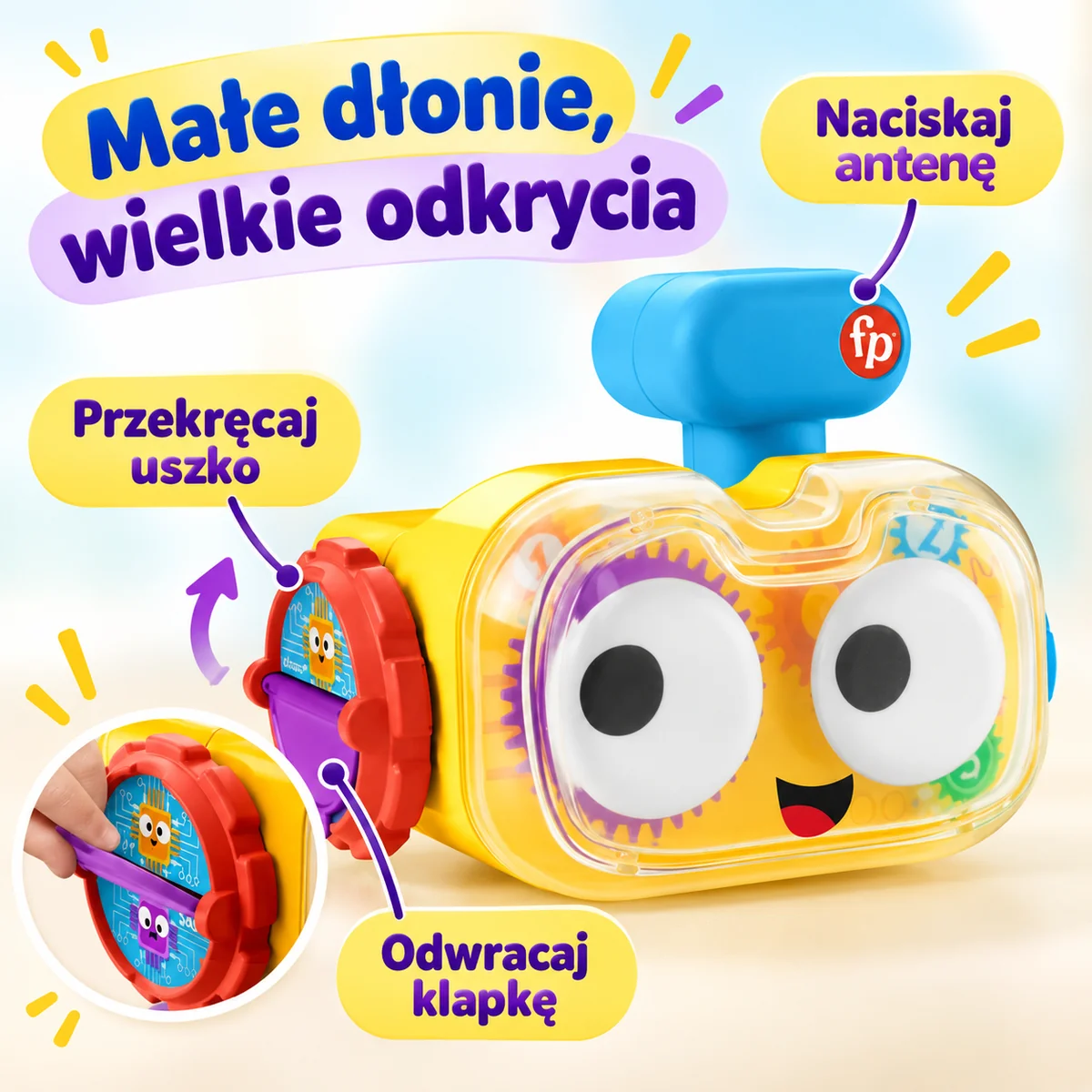 Głowa robota Fisher-Price HCK41 z anteną do naciskania, uszkiem i klapką Głowa robota Fisher-Price HCK41 z anteną do naciskania, uszkiem i klapką