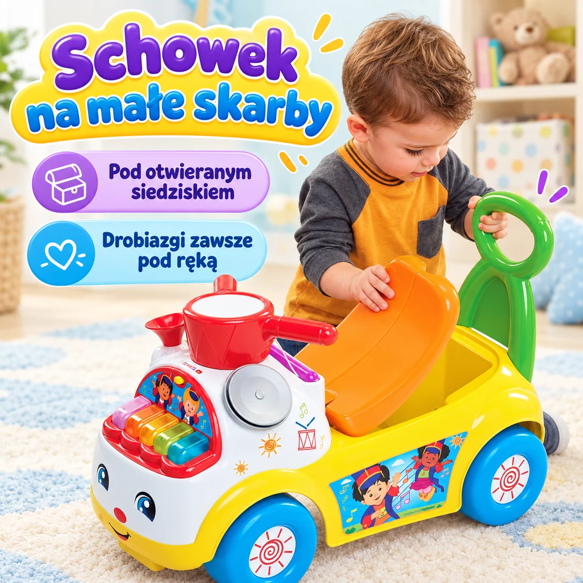 Fisher-Price Muzyczna Parada – otwierany schowek pod siedziskiem