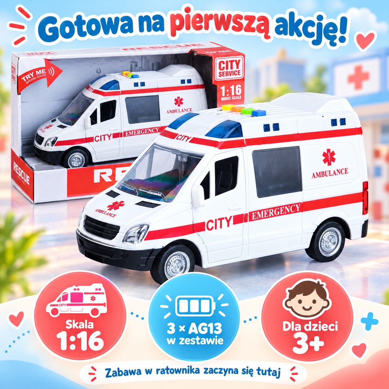 Ambulans w skali 1:16, opakowanie i 3 baterie AG13 w zestawie
