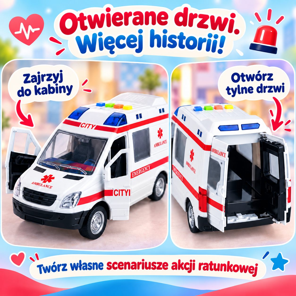 Otwierane przednie i tylne drzwi zabawkowego ambulansu