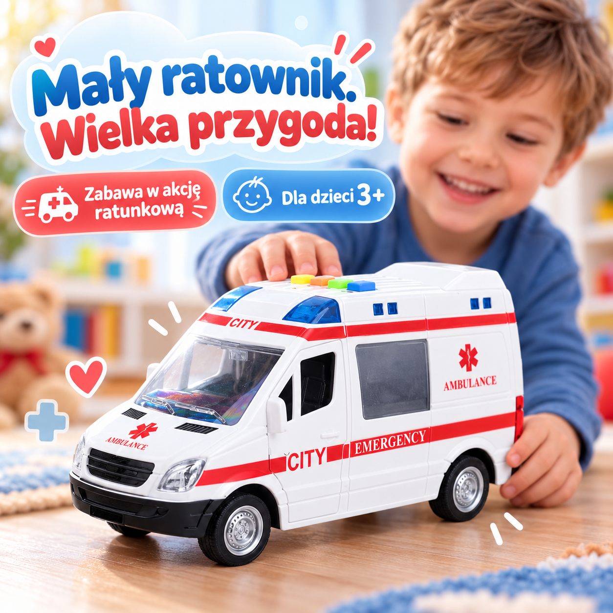 Ambulans zabawka — zabawa w ratownika dla dzieci od 3 lat