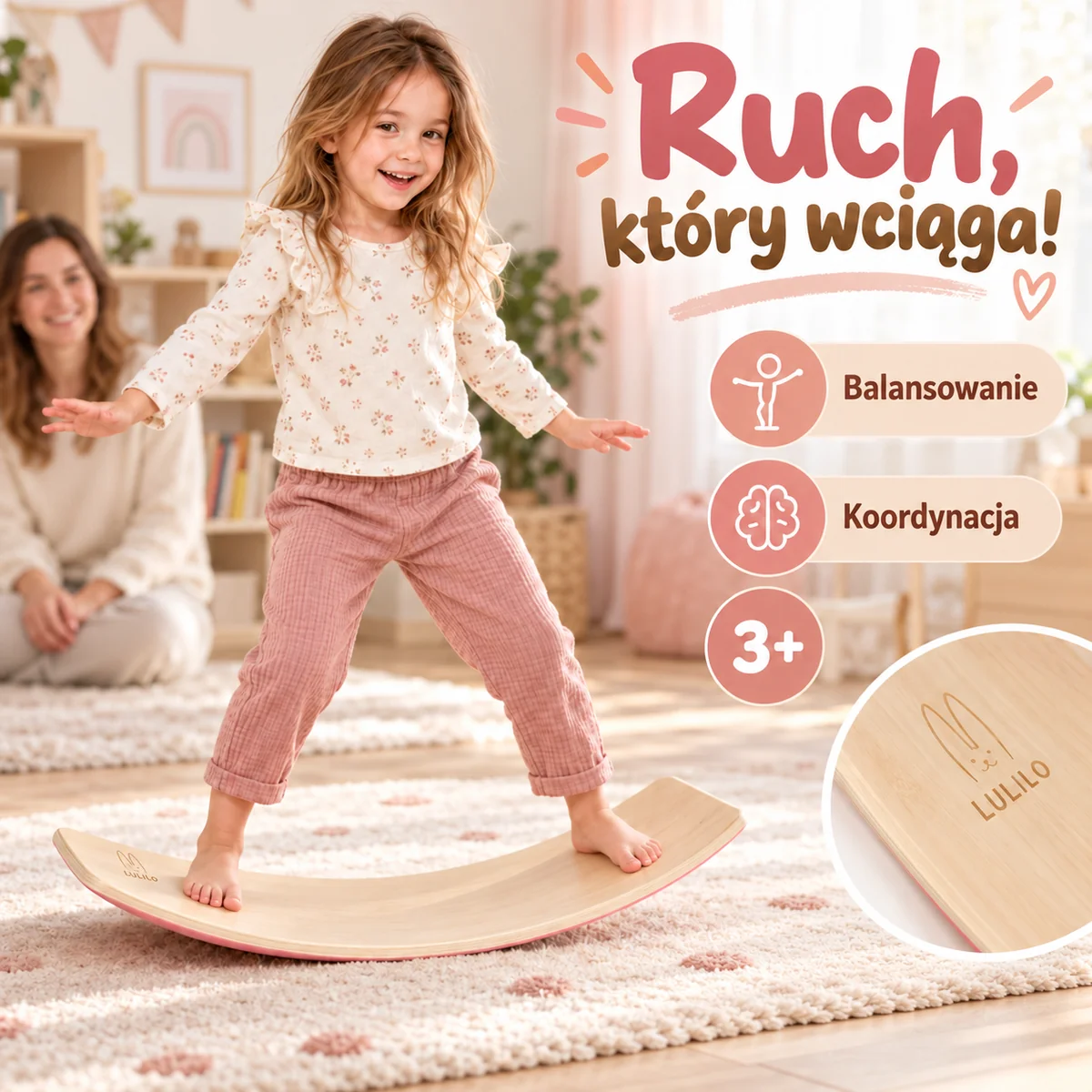Dziewczynka balansująca na desce LULILO AJLO z różowym filcem Dziewczynka balansująca na desce LULILO AJLO z różowym filcem