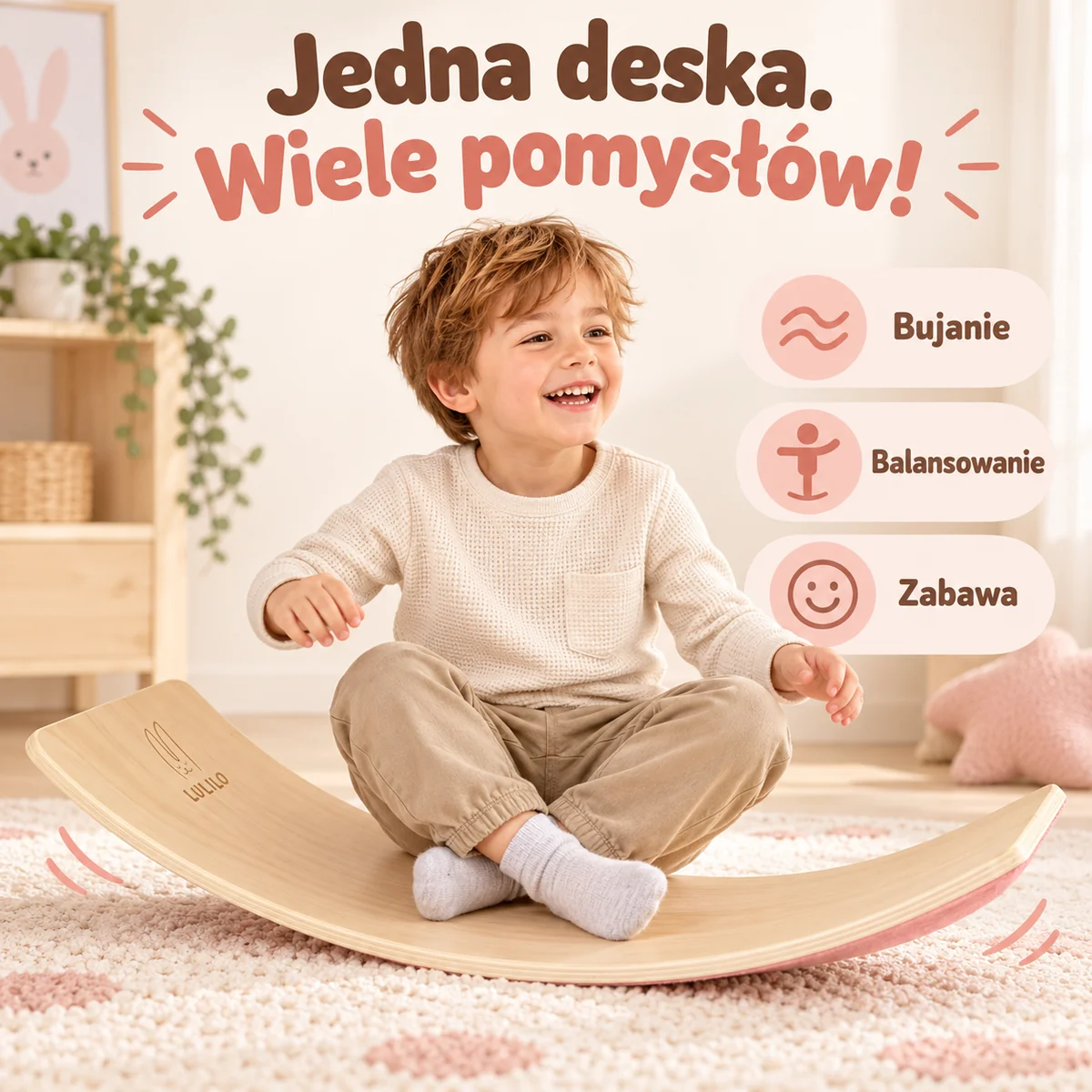 Bujanie na desce LULILO AJLO z różowym filcem Bujanie na desce LULILO AJLO z różowym filcem