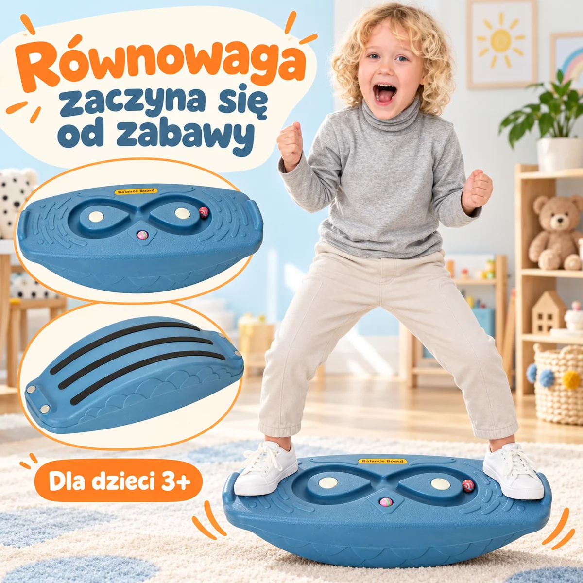 Dziecko balansujące na granatowej desce z labiryntem, wiek 3+ Dziecko balansujące na granatowej desce z labiryntem, wiek 3+