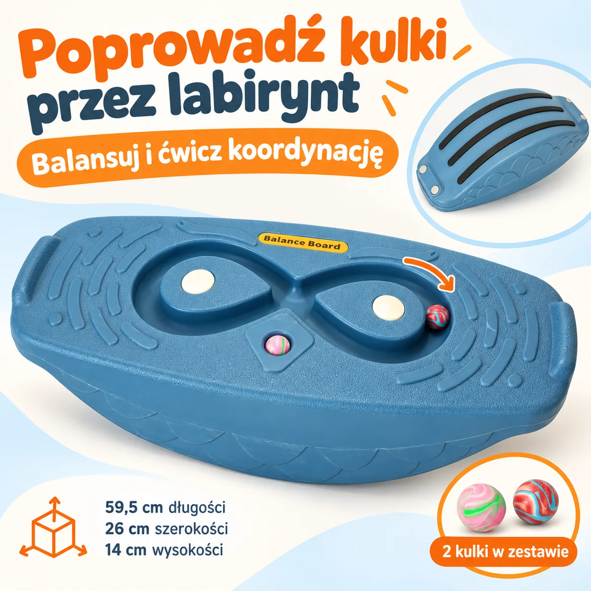 Labirynt w kształcie ósemki i dwie kulki w granatowej desce Labirynt w kształcie ósemki i dwie kulki w granatowej desce