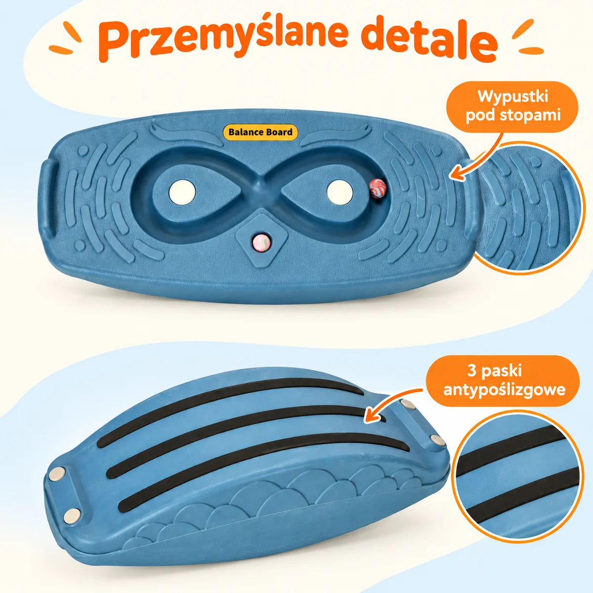 Wypustki pod stopami i trzy paski antypoślizgowe pod deską Wypustki pod stopami i trzy paski antypoślizgowe pod deską