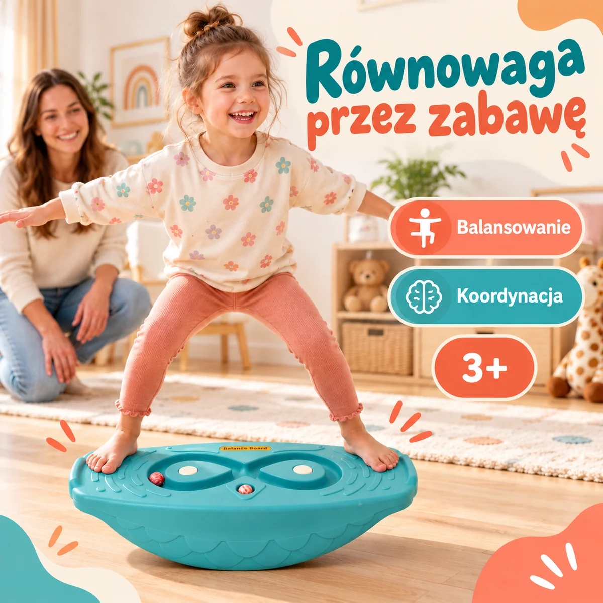 Dziewczynka balansująca na turkusowej desce z labiryntem