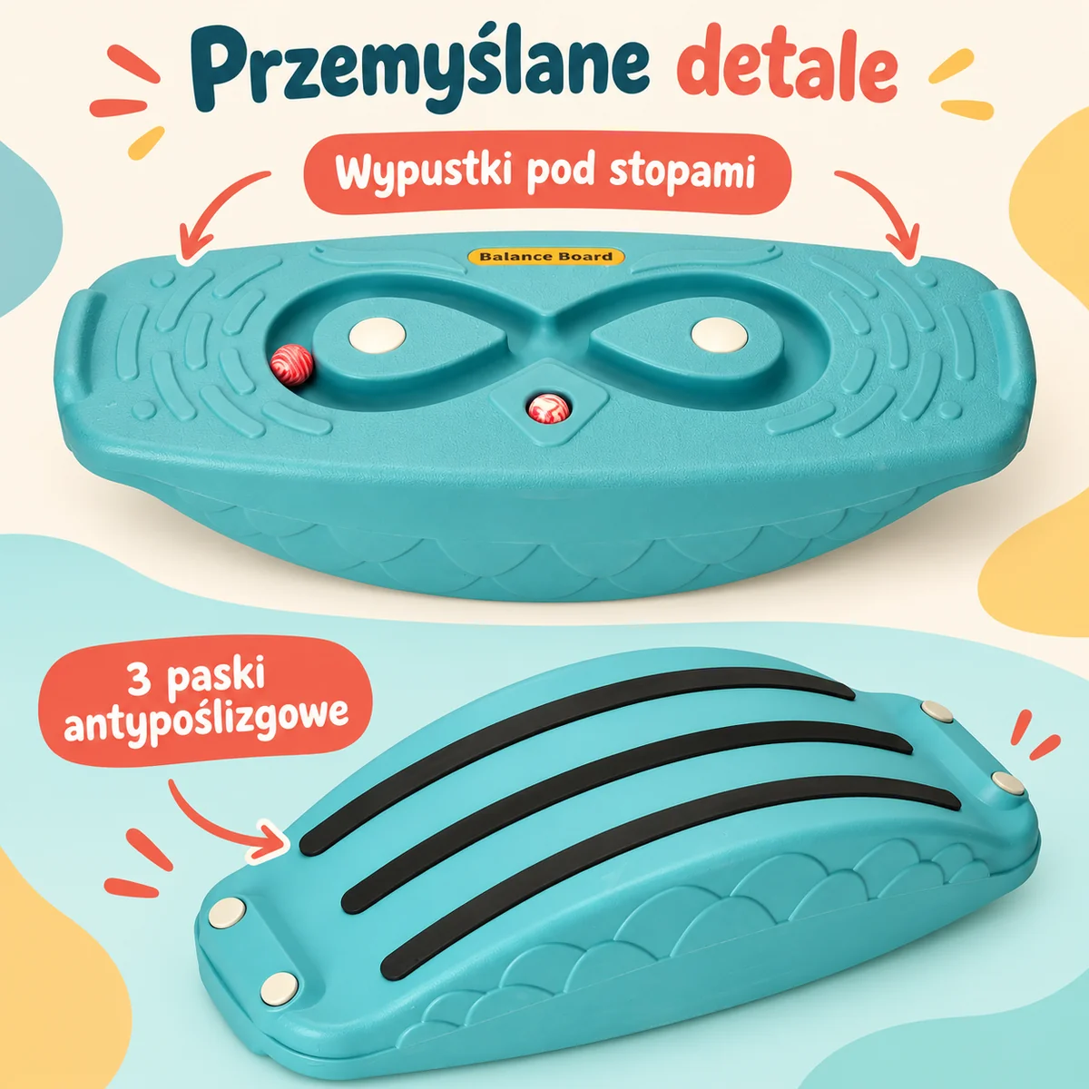 Wypustki i trzy paski antypoślizgowe turkusowej deski