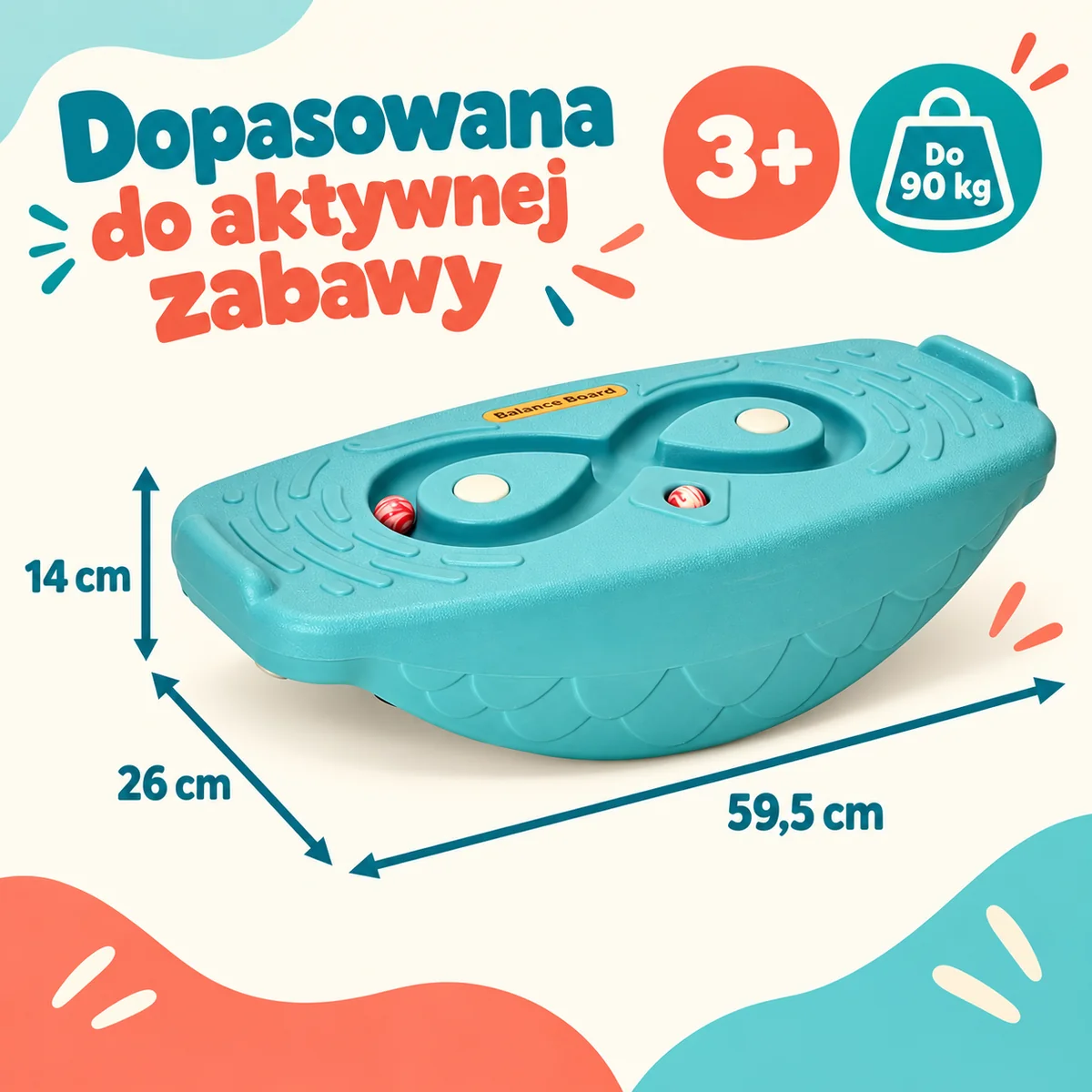 Wymiary turkusowej deski: 59,5 × 26 × 14 cm