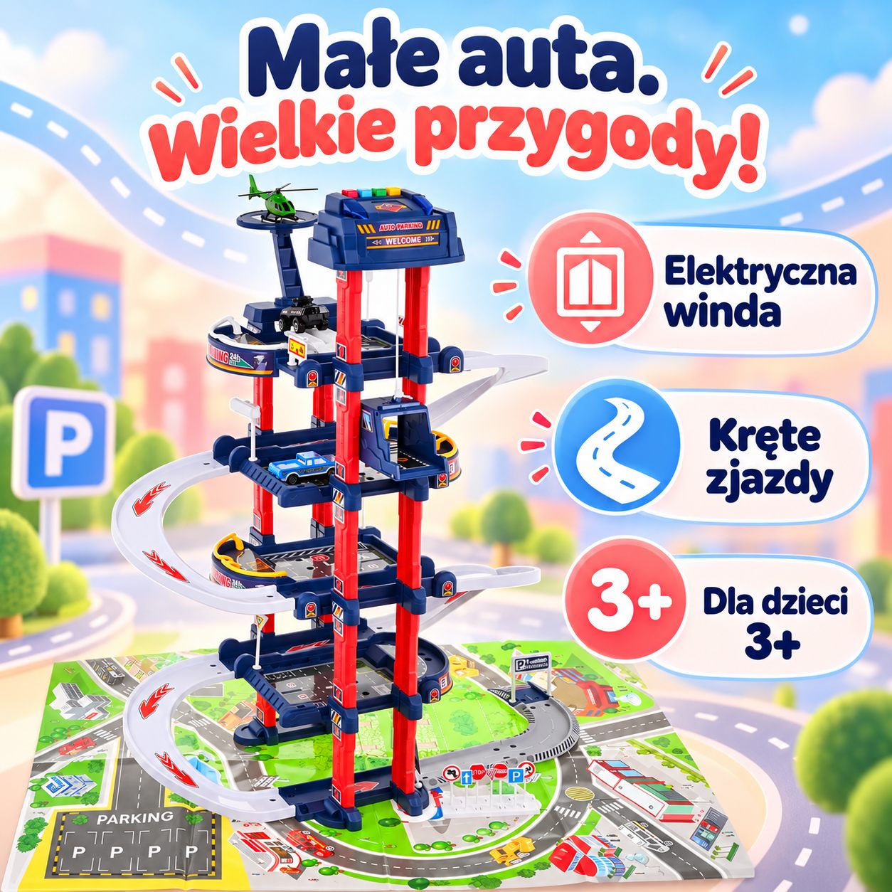 Garaż z elektryczną windą i krętymi zjazdami dla dzieci od 3 lat
