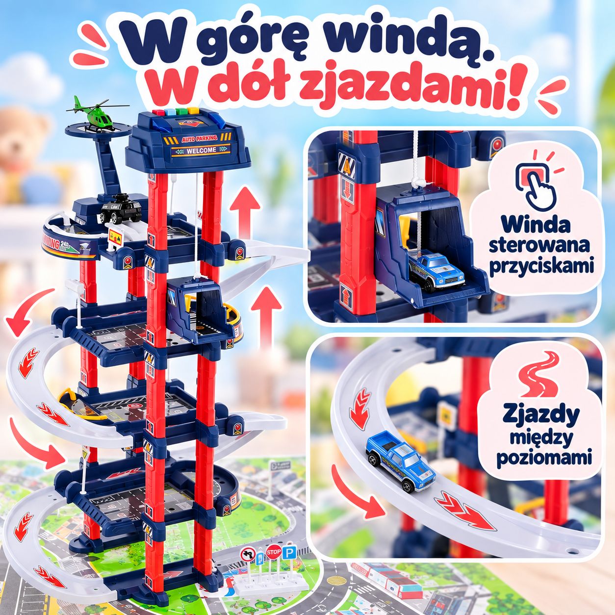 Winda sterowana przyciskami i zjazdy między poziomami garażu