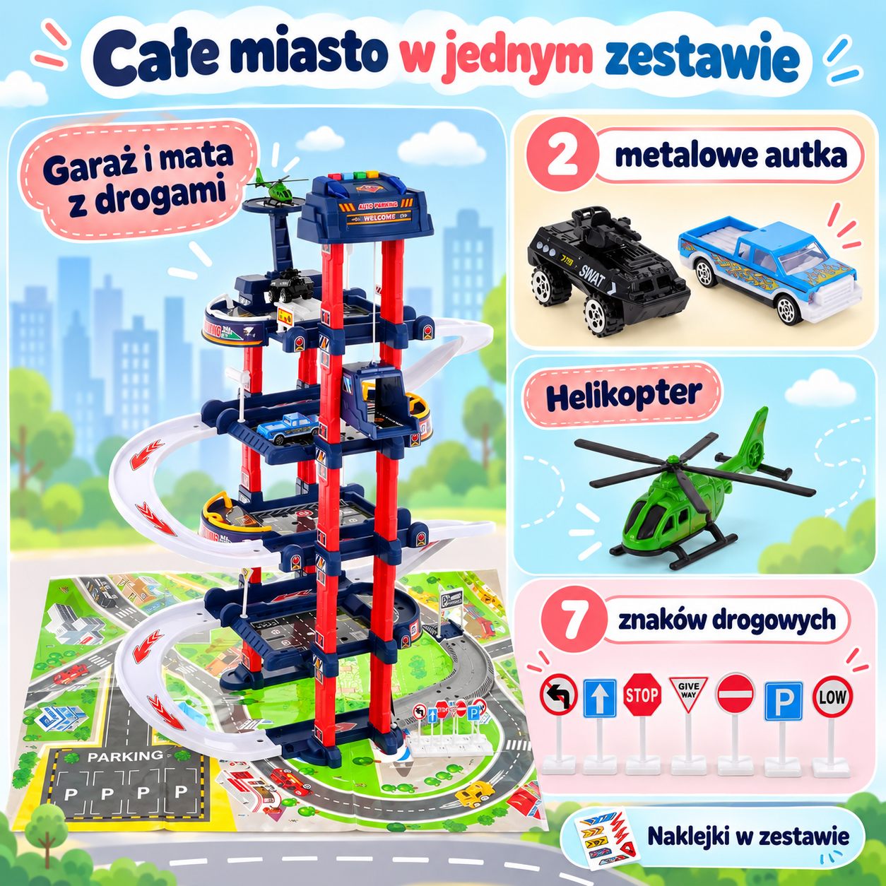 Zawartość zestawu: garaż, mata, 2 metalowe autka, helikopter i 7 znaków