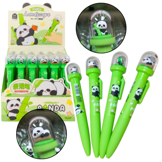 Długopis Żelowy Zielony Panda W Kopule Niebieski Tusz 0.5mm
