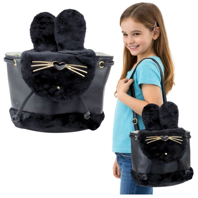 Plecak Dziecięcy Pluszowy Uszy Regulowany Pasek Czarny 22cm 4L