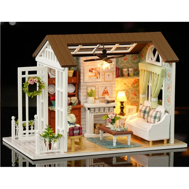 Domek dla lalek drewniany salon model do złożenia LED 8008-A 20,6cm