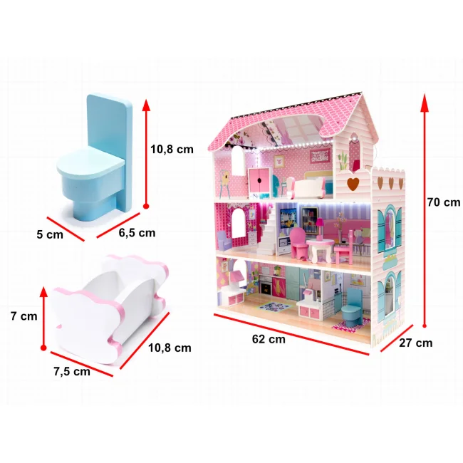 Domek dla lalek drewniany MDF mebelki 70cm różowy LED