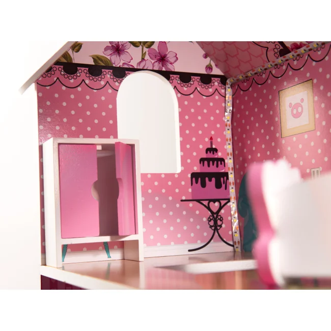 Domek dla lalek drewniany MDF mebelki 70cm różowy LED