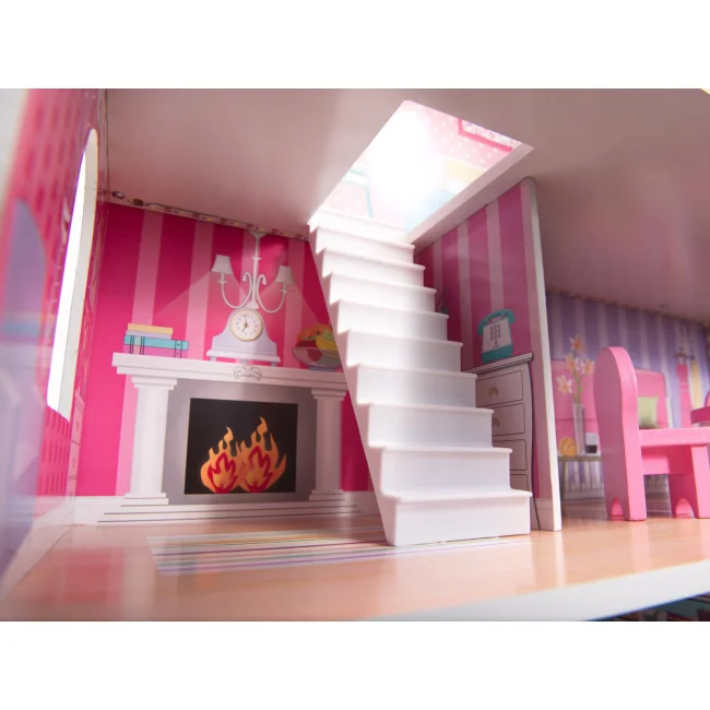 Domek dla lalek drewniany MDF mebelki 70cm różowy LED