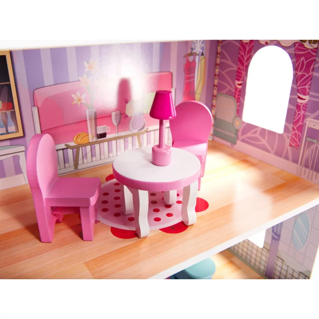 Domek dla lalek drewniany MDF mebelki 70cm różowy LED