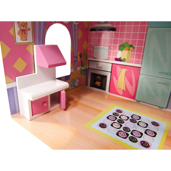 Domek dla lalek drewniany MDF mebelki 70cm różowy LED
