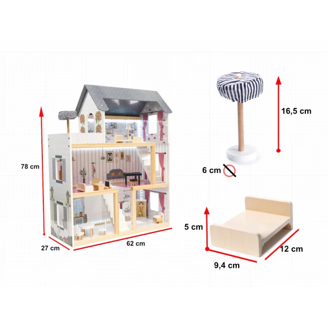 Domek dla lalek drewniany MDF mebelki 78cm czarny LED