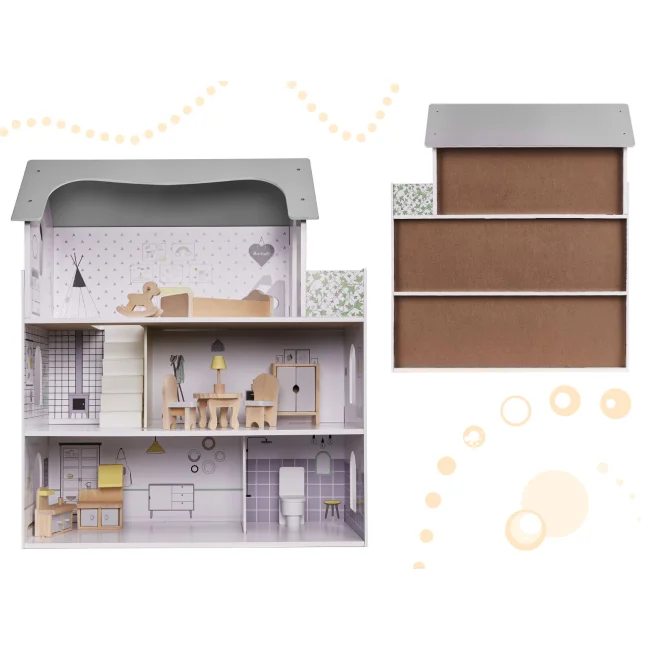 Domek dla lalek drewniany mebelki 70cm szary