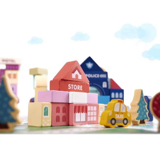 Klocki drewniane edukacyjne miasto puzzle 100el.