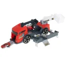 TIR laweta ciężarówka samochód transporter naczepa 2w1 parking resoraki straż pożarna 2 auta czerwone