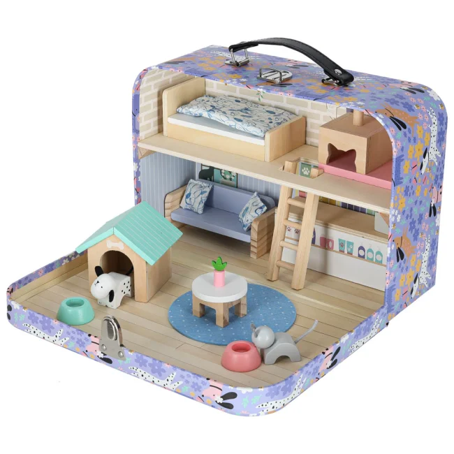 Domek w walizce hotel spa dla zwierząt drewniane mebelki figurki