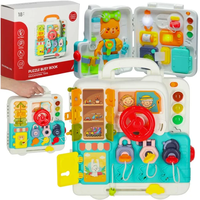 Tablica manipulacyjna sensoryczna montessori walizka pokrętła miś XXL światło dźwięk