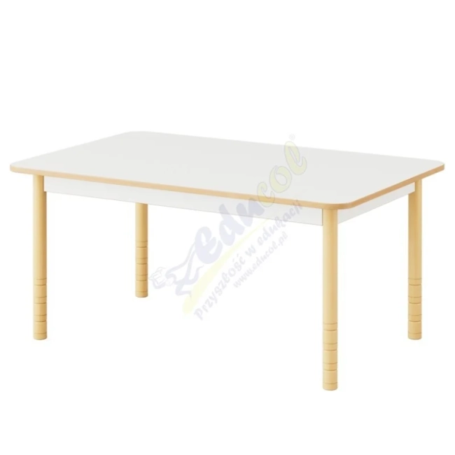 Stół przedszkolny regulowany 125 x 80 cm biały z obrzeżem bukowym