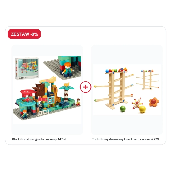 Zestaw -8%: Klocki konstrukcyjne tor kulkowy 147 el. Bibi-inn + Tor kulkowy drewniany kulodrom montessori XXL