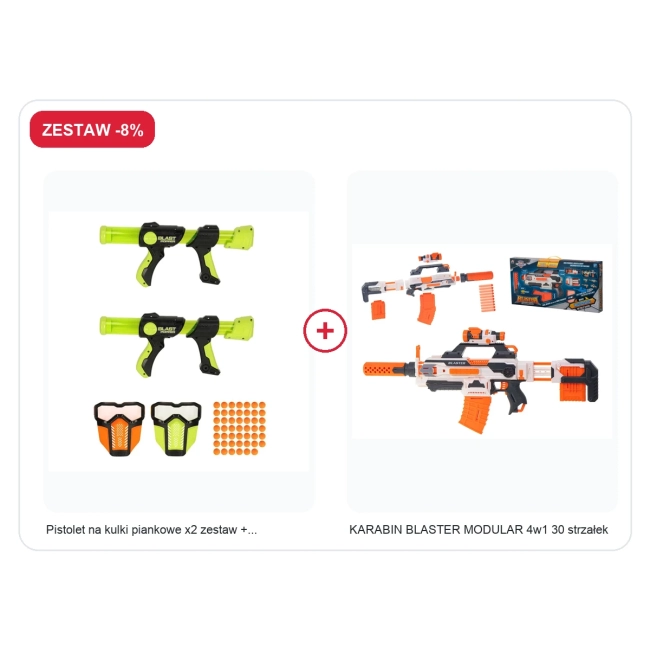 Zestaw -8%: Pistolet na kulki piankowe x2 zestaw + maska ochronna x2 + KARABIN BLASTER MODULAR 4w1 30 strzałek