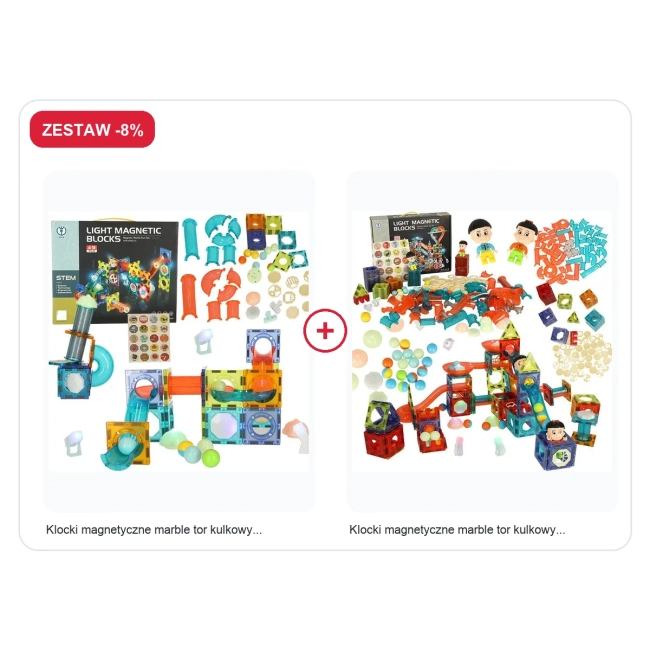 Zestaw -8%: Klocki magnetyczne świecące 124 el. + Klocki magnetyczne magnetic sticks marble tor kulkowy z dźwięki...