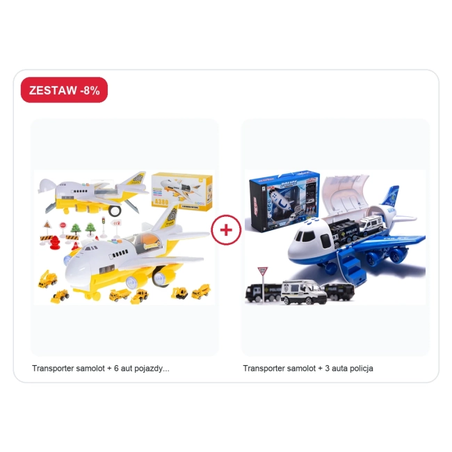 Zestaw -8%: Transporter samolot + 6 aut pojazdy budowlane bok/przód + Transporter samolot + 3 auta policja