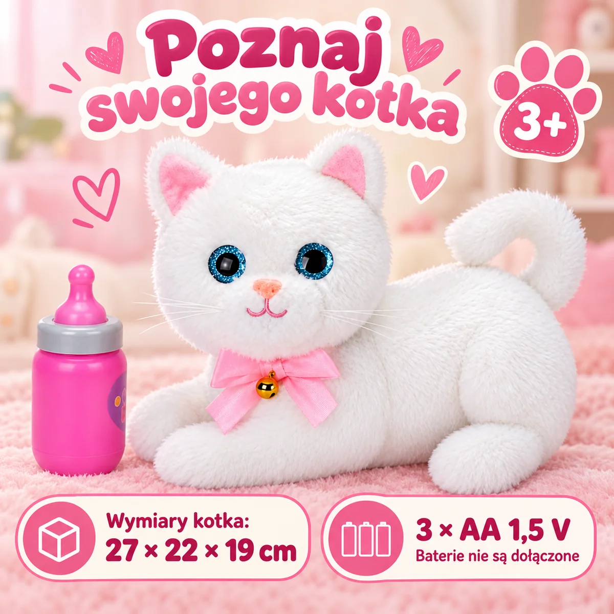 Wymiary kotka i zasilanie trzema bateriami AA Wymiary kotka i zasilanie trzema bateriami AA