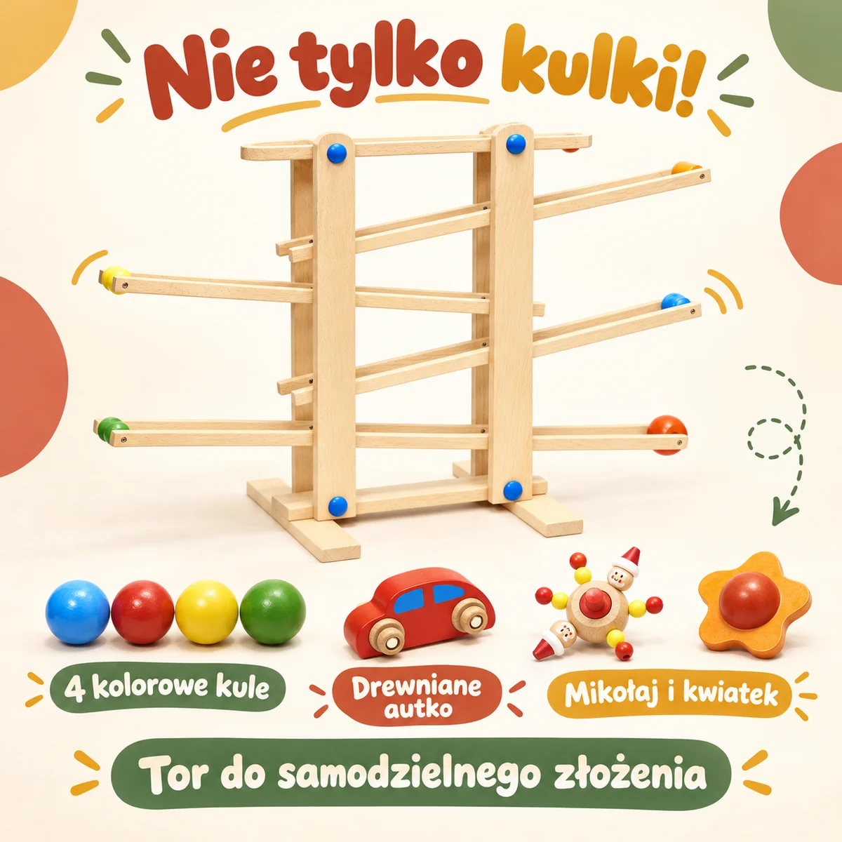 Zawartość zestawu: 4 kule, autko, Mikołaj i kwiatek Zawartość zestawu: 4 kule, autko, Mikołaj i kwiatek