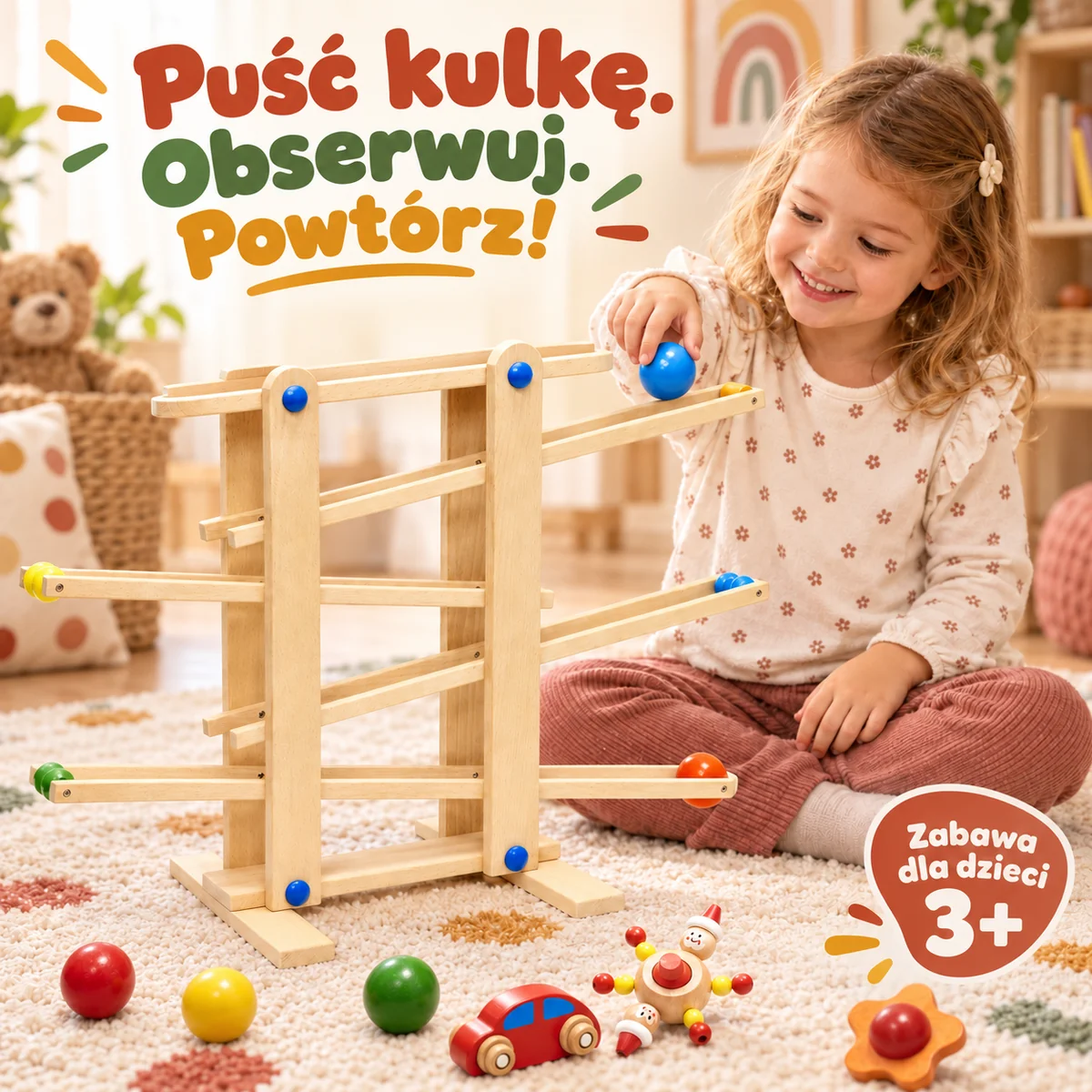 Dziecko bawiące się drewnianym torem kulkowym Dziecko bawiące się drewnianym torem kulkowym