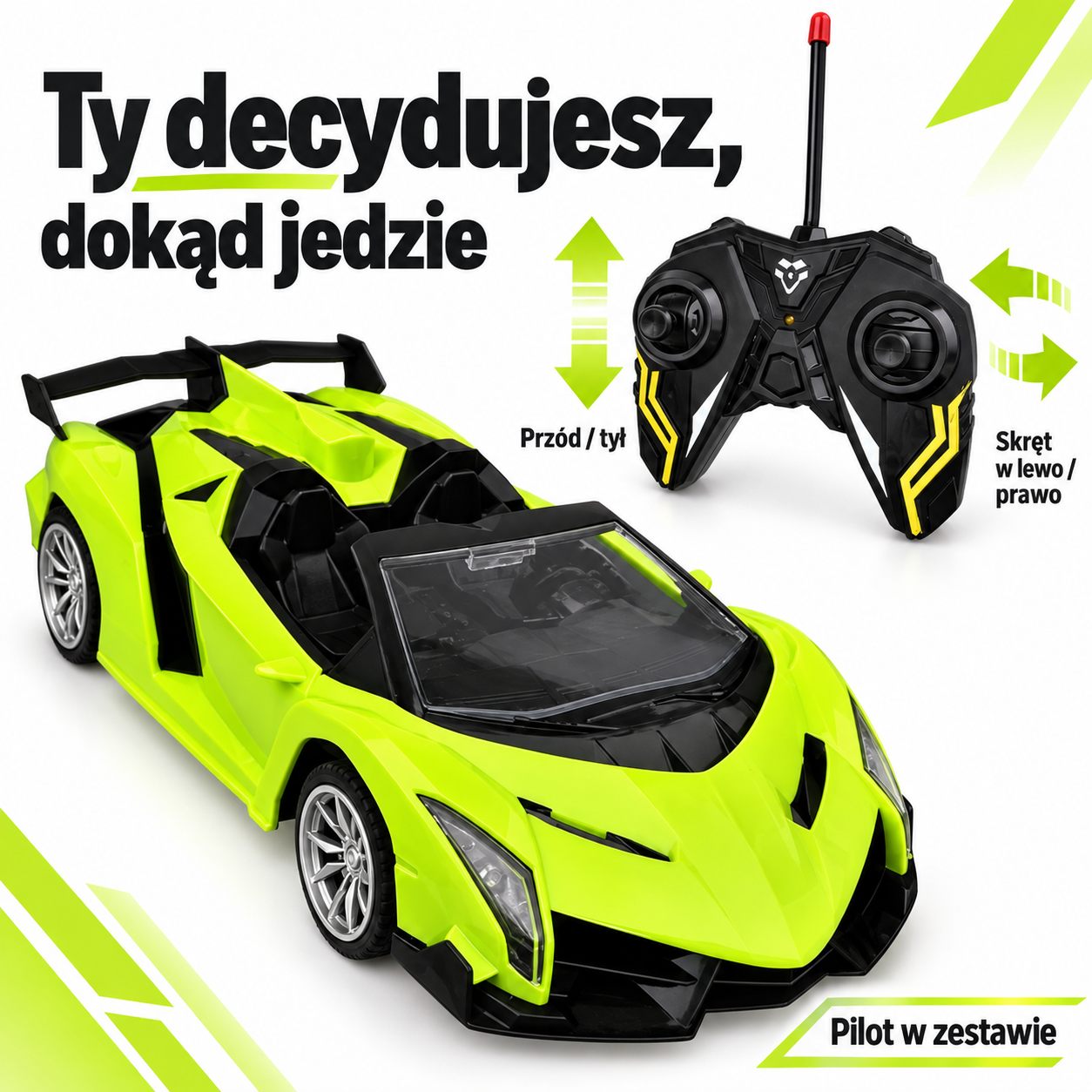 Sterowanie autem — przód, tył, skręt w lewo i prawo, pilot w zestawie