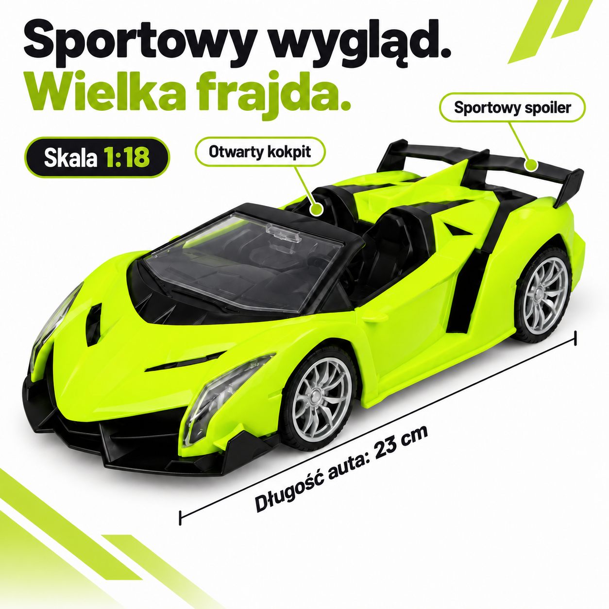 Auto sportowe RC — długość 23 cm, skala 1:18, otwarty kokpit i spoiler