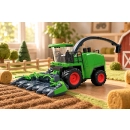 Zielony kombajn zabawkowy na miniaturowej farmie — aranżacja AI