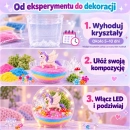 Gotowe terrarium z jednoTrzy etapy zabawy: wyhoduj kryształy około 5–10 dni, ułóż kompozycję i włącz LEDożcem i dekoracjami