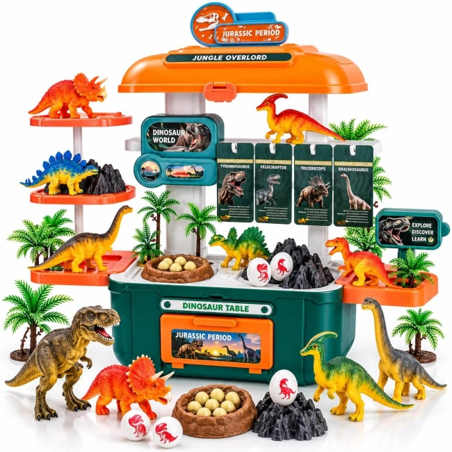 Park dinozaurów w walizce-stoliku z figurkami, jajami i roślinami