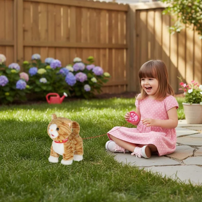 Interaktywny Kotek na Smyczy – Pluszowa Zabawka, która Chodzi, Śpiewa i Miauczy