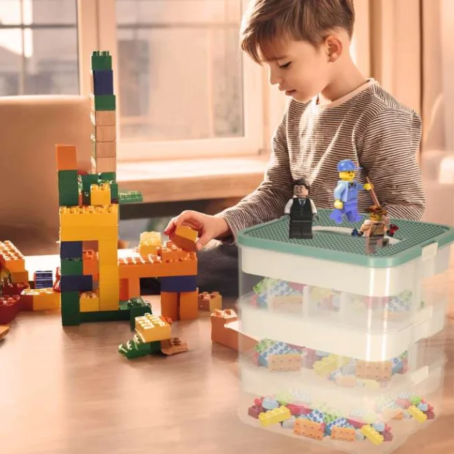 Organizer pudełko pojemnik na klocki zabawki drobiazgi z pokrywą przegródkami 3 piętra warstwy