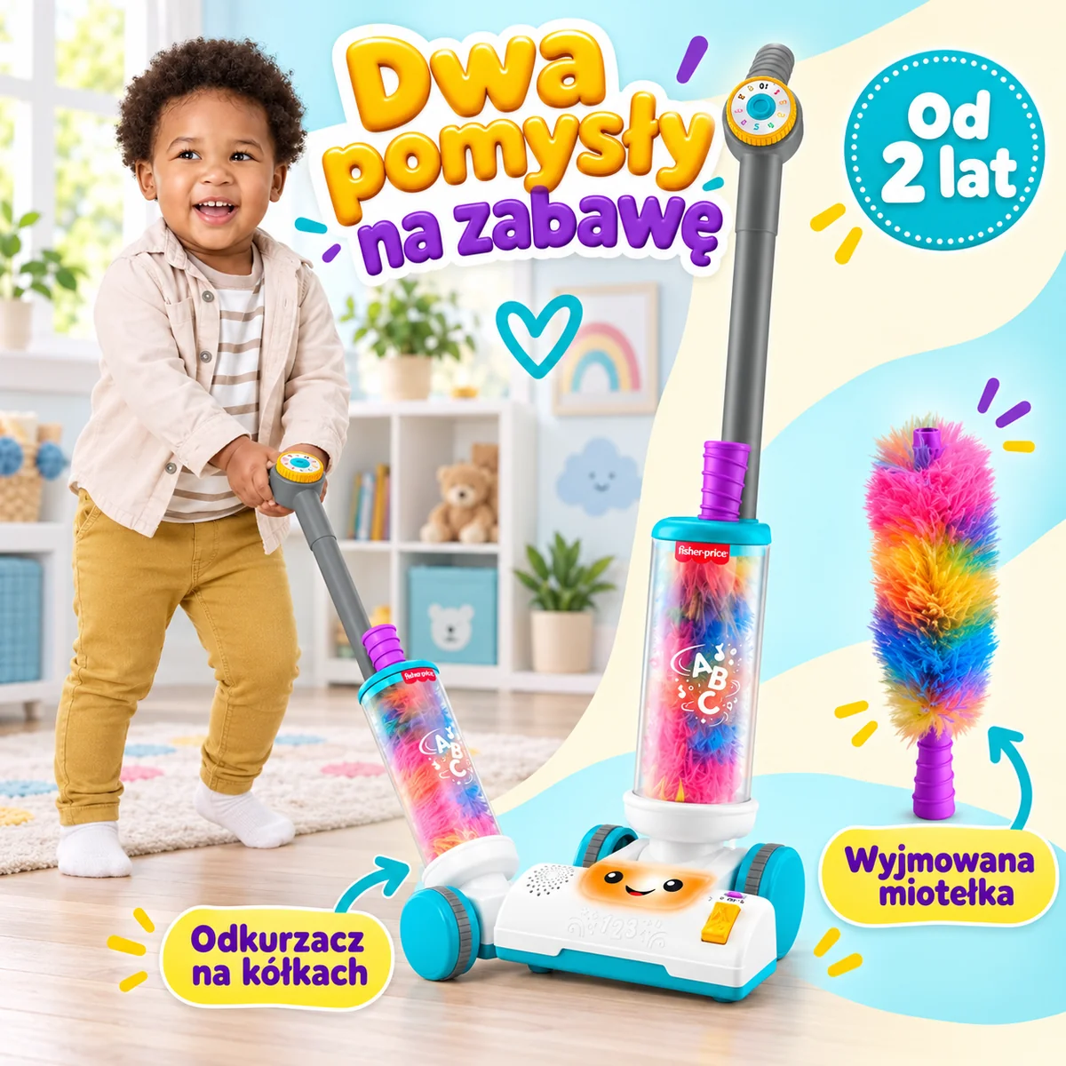 Fisher-Price Odkurzacz Malucha JMM36: odkurzacz na kółkach i wyjmowana miotełka, od 2 lat Fisher-Price Odkurzacz Malucha JMM36: odkurzacz na kółkach i wyjmowana miotełka, od 2 lat