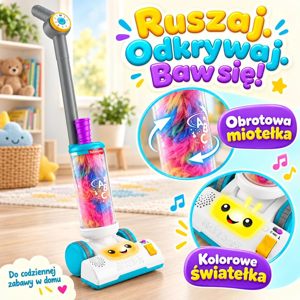 Fisher-Price Odkurzacz JMM36: obrotowa miotełka i kolorowe światełka Fisher-Price Odkurzacz JMM36: obrotowa miotełka i kolorowe światełka